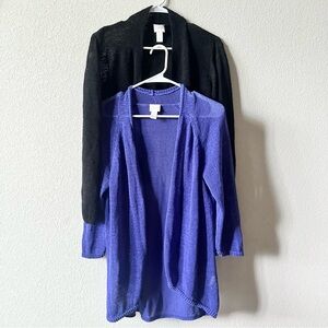 LOT of 2 Chico’s Black Purple Open Front Loose Knit Minimalist Long Cardigans L